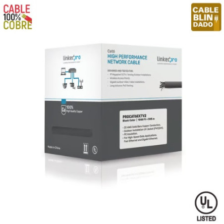 Bobina LINKED PRO PRO-CAT-6-EXT-V2 305mts Cat6+ CALIBRE 23 Exterior Blindado